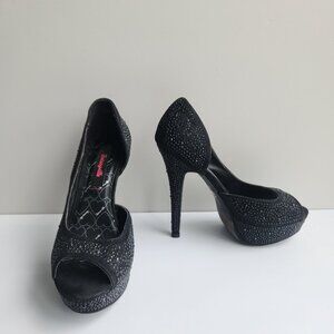 Betseyville Betty Johnson 6.5 Y2K Black w/ Gems Peep Toe Pumps Platform Stiletto